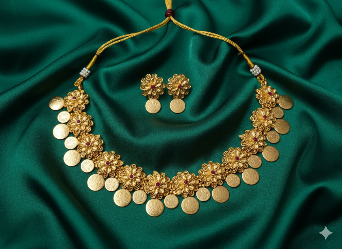 Ornate Blooming Flower Coin Necklace with Ruby Accents